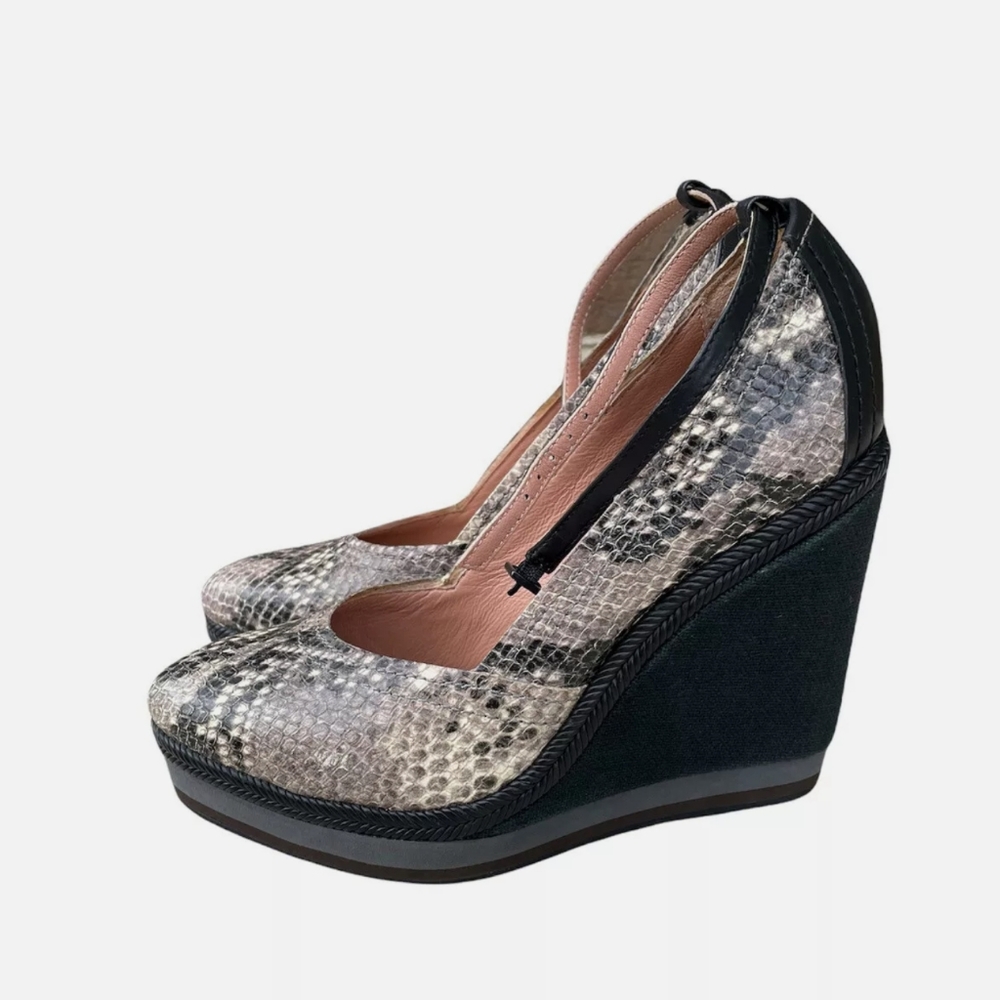 BACIO 61 Leather Snake Grotto Cork Wedges Pumps High Heels Womens Shoes Sz 7.5.
